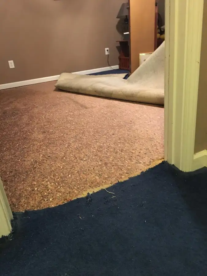 Carpet pad removal revealing water damage during Water Mitigation Services in Montebello